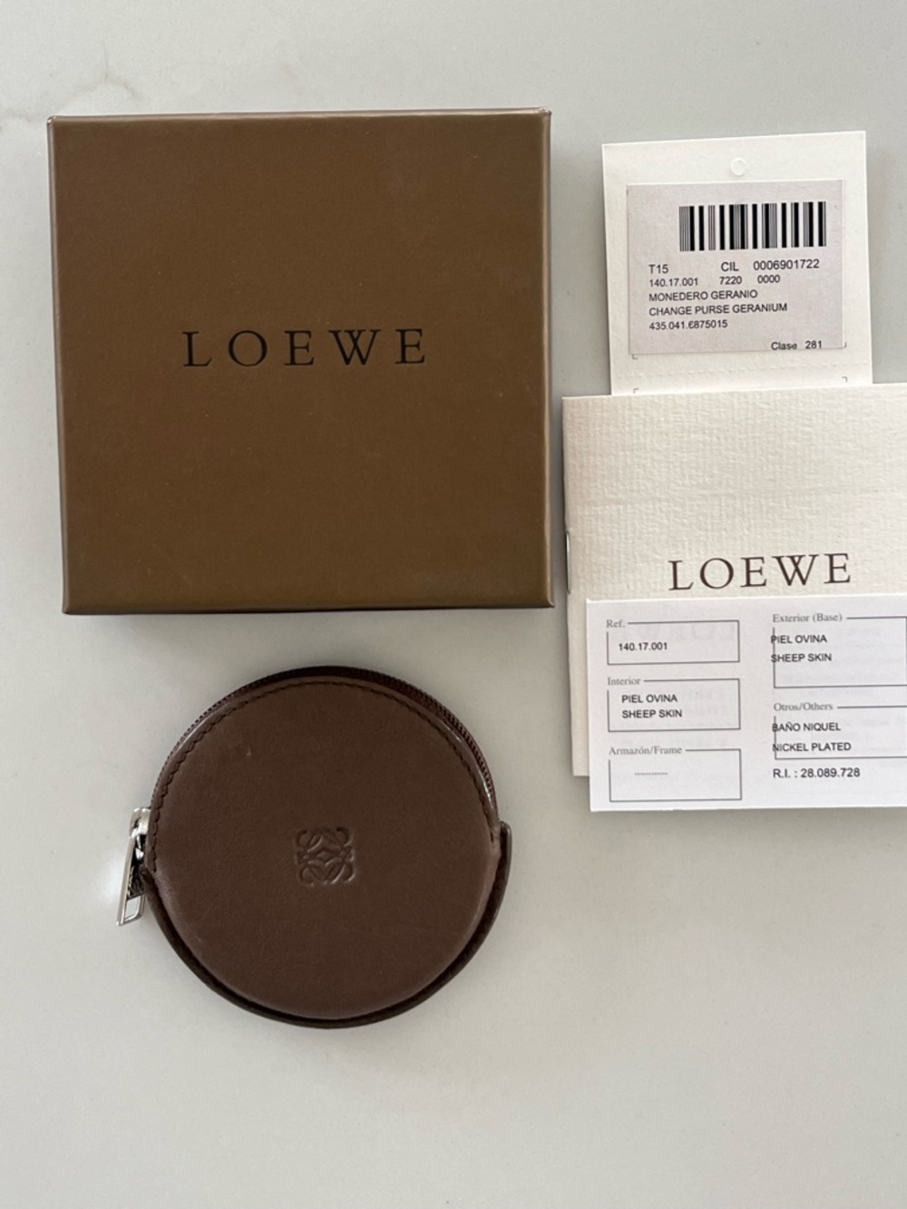Loewe Round Sheepskin Coin Purse Chocolate Brown Full Set In Box